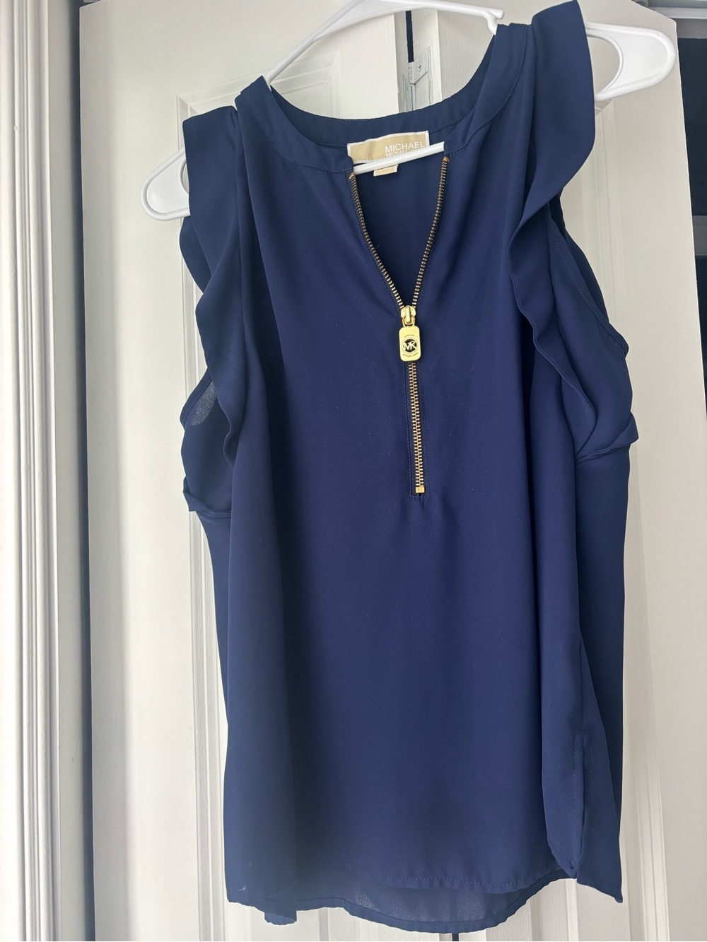 Michael Kors Navy Ruffled Zip-Front Sleeveless Top